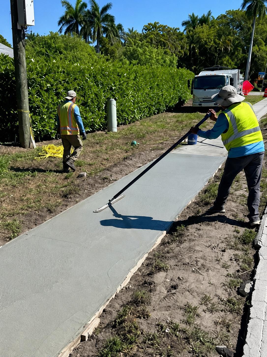 Workers finishing and smoothing fresh concrete sidewalk
